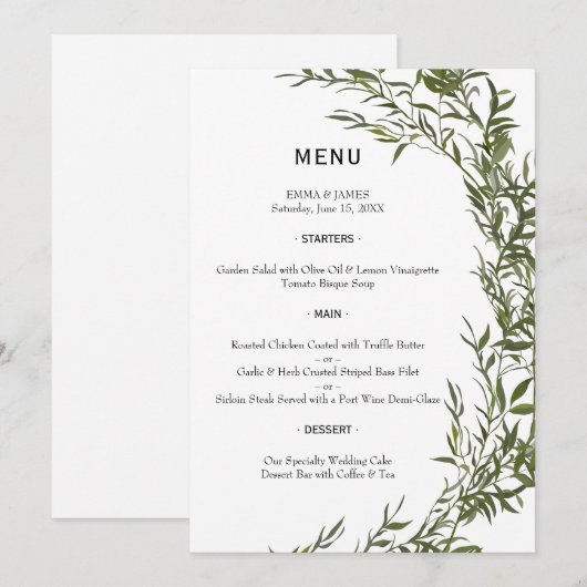 Menu de mariage élégant à l'aquarelle avec verdure (Devant / Derrière)