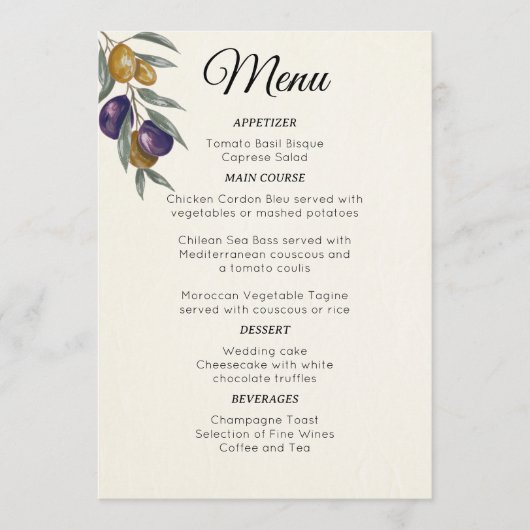 Menu de mariage élégant à l'aquarelle et à l'olive (Devant)