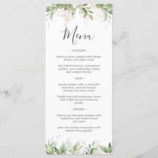 Menu de mariage élégant à l'eucalyptus et verdure (Devant)