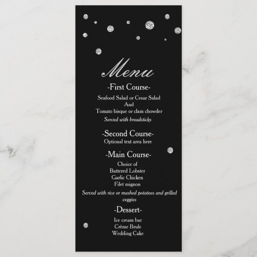 Menu de mariage élégant à points scintillants noir (Devant)