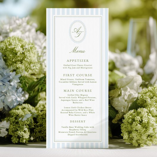 Menu de mariage élégant à rayures bleues