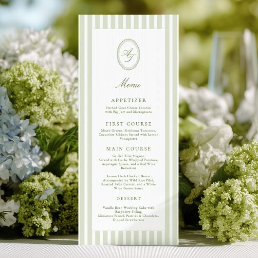 Menu de mariage élégant à rayures vertes