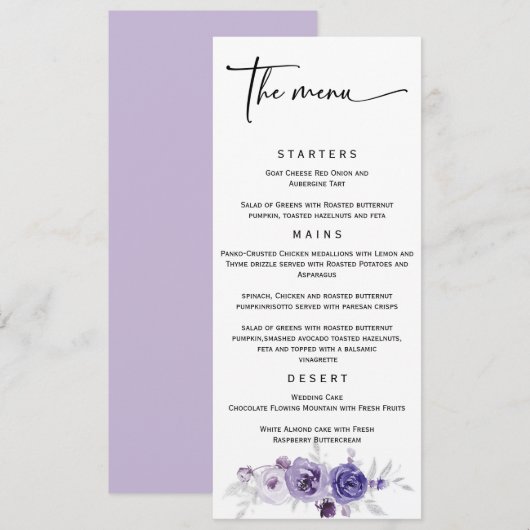 Menu de mariage élégant argent et violet  (Devant / Derrière)