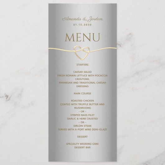 Menu de mariage élégant argent or calligraphie (Devant)