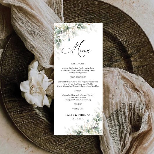 Menu de mariage élégant au eucalyptus