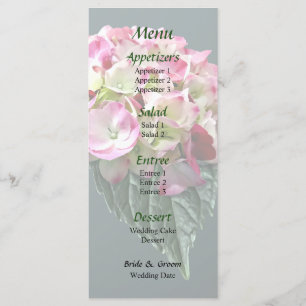 Menu de mariage élégant aux hortensias roses et bl