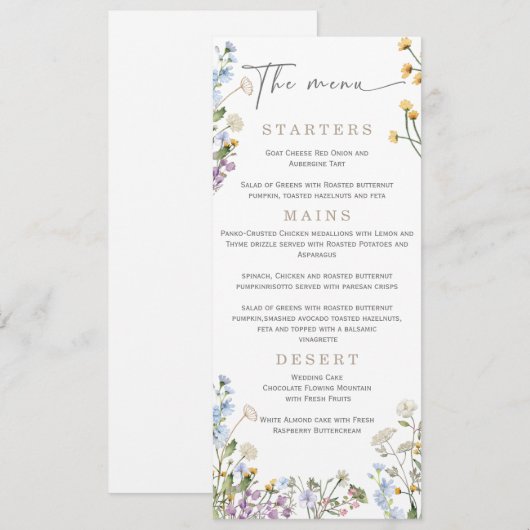 Menu de mariage élégant aux wilflowers  (Devant / Derrière)