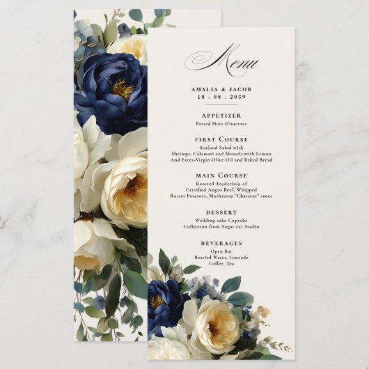 Menu de mariage élégant avec détails floraux bleu (Devant / Derrière)