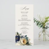 Menu de mariage élégant avec détails floraux bleu (Debout devant)