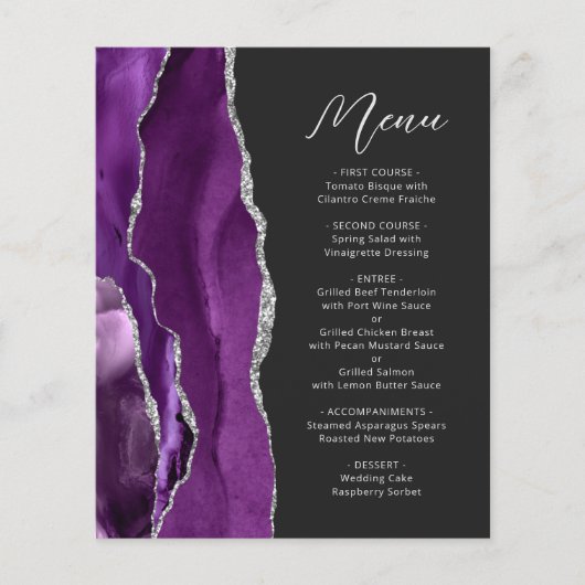 Menu de mariage élégant avec écriture argentée sur (Devant)