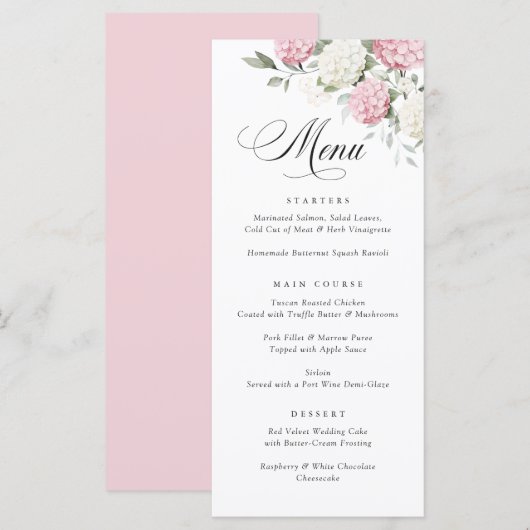 Menu de mariage élégant avec hydrangea rose et ver (Devant / Derrière)