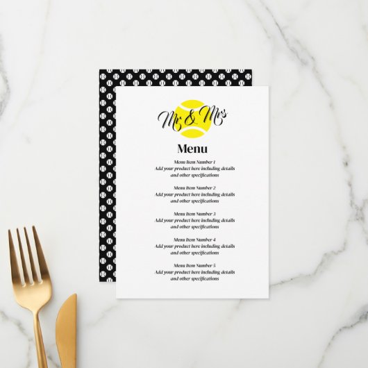 Menu de mariage élégant avec logo de balle de tenn (Devant/Arrière en situation)