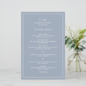 Menu de mariage élégant avec monogramme bleu pouss (Debout devant)