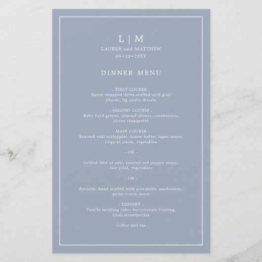 Menu de mariage élégant avec monogramme bleu pouss (Devant)