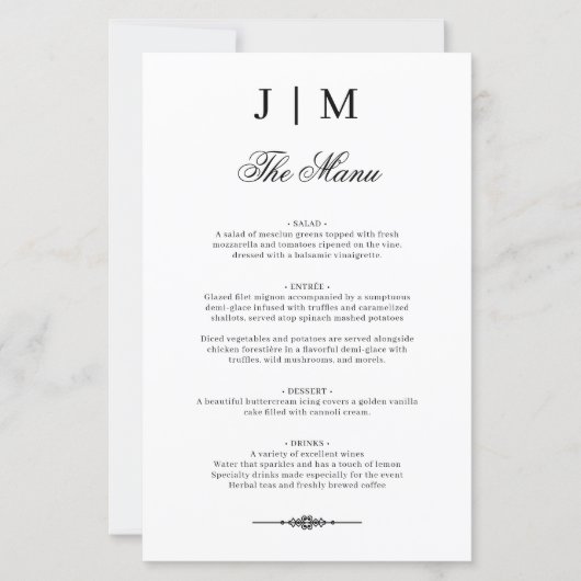 Menu de mariage élégant avec monogramme classique (Devant)