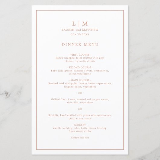 Menu de mariage élégant avec monogramme rose simpl (Devant)