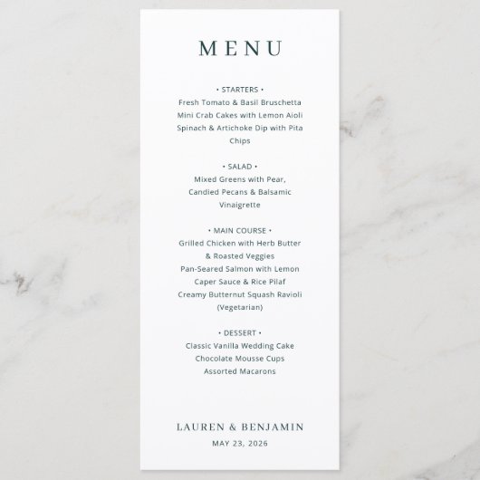 Menu de mariage élégant blanc serif (Devant)