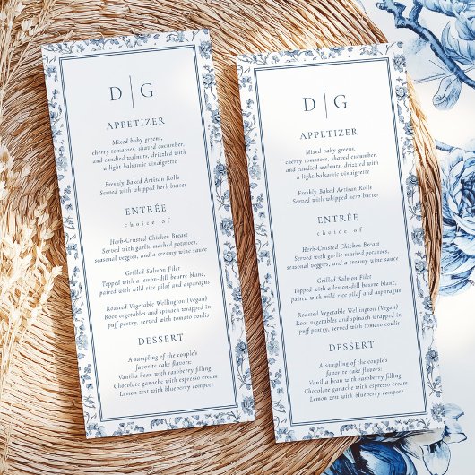 Menu de mariage élégant bleu à la chinoiserie