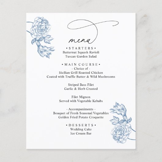 Menu de mariage élégant bleu floral moderne script (Devant)