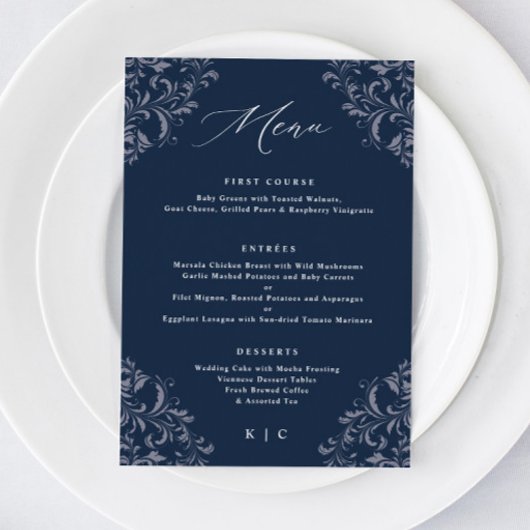 Menu de mariage élégant bleu marine classique vint
