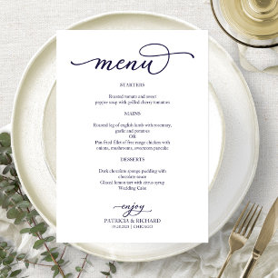 Menu de mariage élégant bleu marine écriture