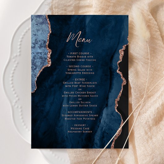 Menu de mariage élégant bleu marine or rose agate