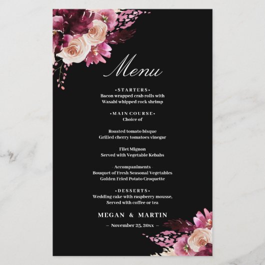 Menu de mariage élégant bohème floral (Devant)