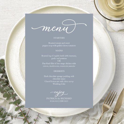 Menu de mariage élégant calligraphié bleu poussiér