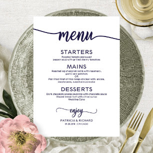 Menu de mariage élégant calligraphié en bleu marin