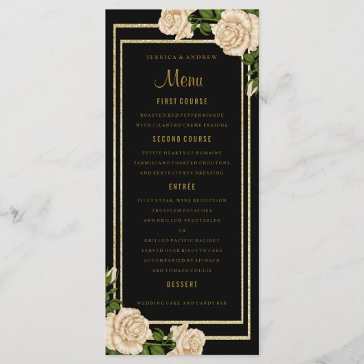 Menu de mariage Elégant Chic Coin Roses d'Ivoire (Devant)