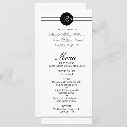 Menu de mariage élégant chic monogramme noir point (Devant / Derrière)