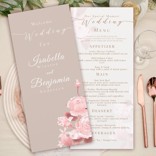 Menu de mariage élégant chic rose