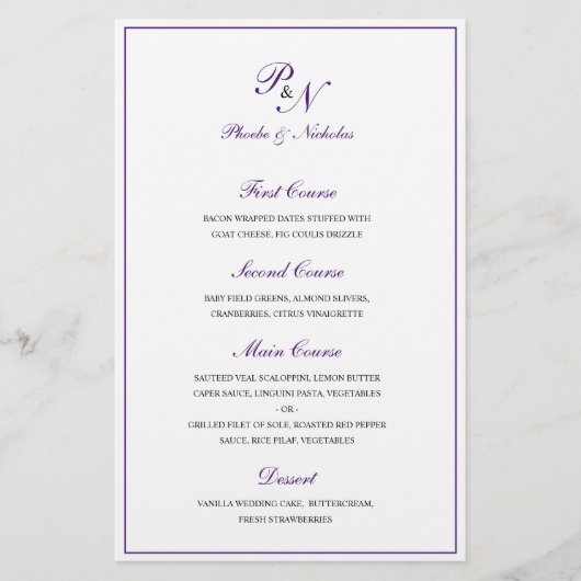 Menu de mariage élégant classique Royal Purple (Devant)