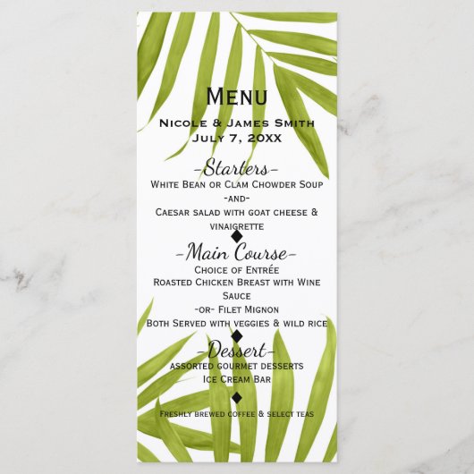 Menu de mariage élégant d'été avec feuilles tropic (Devant)