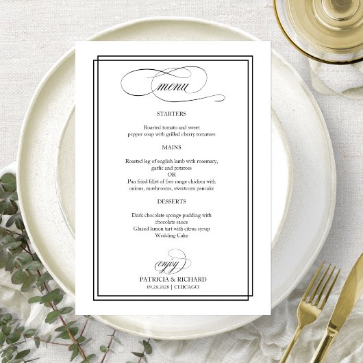 Menu de mariage élégant écriture noire