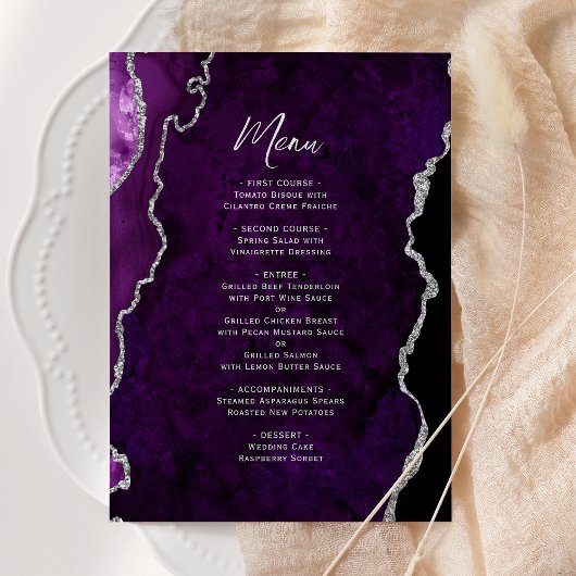 Menu de mariage élégant en agate argent violet