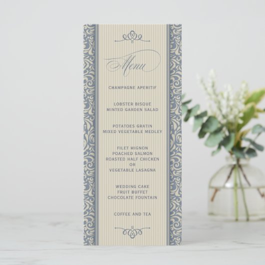 Menu de mariage élégant en bleu et beige (Debout devant)