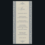 Menu de mariage élégant en bleu et beige<br><div class="desc">Un élégant menu de mariage modèle en damas bleu et beige avec un motif de rayures beige subtile contenant le texte du menu. Vous pouvez repositionner les graphiques sur cette carte de menu en les faisant glisser vers l'emplacement souhaité.</div>