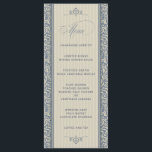 Menu de mariage élégant en bleu et beige<br><div class="desc">Un élégant menu de mariage modèle en damas bleu et beige avec un motif de rayures beige subtile contenant le texte du menu. Vous pouvez repositionner les graphiques sur cette carte de menu en les faisant glisser vers l'emplacement souhaité.</div>