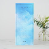 Menu de mariage élégant en cursive bleue (Debout devant)