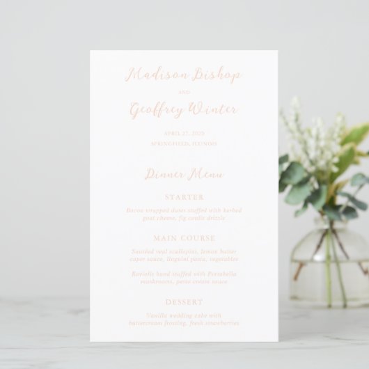 Menu de mariage élégant en écriture gras pêche (Debout devant)
