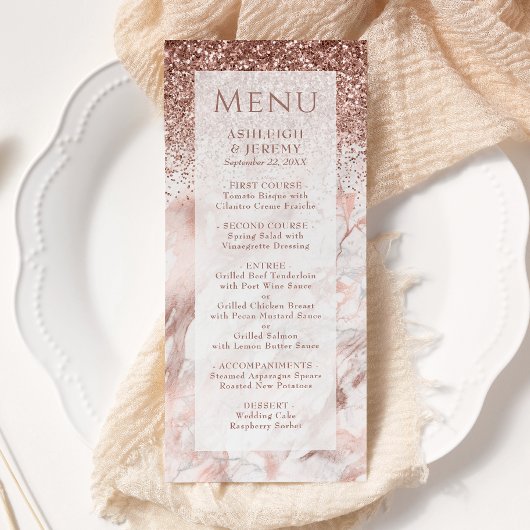 Menu de mariage élégant en marbre avec faux paille