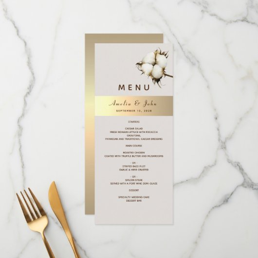 Menu de mariage élégant en or (Devant/Arrière en situation)