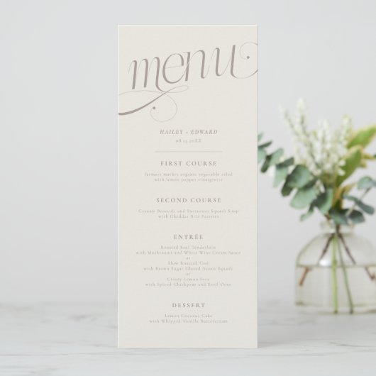 Menu de mariage élégant en spirale grège (Debout devant)