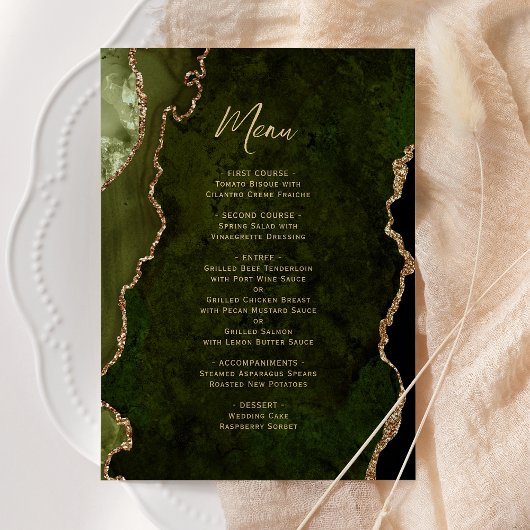 Menu de mariage élégant en vert olive et agate dor