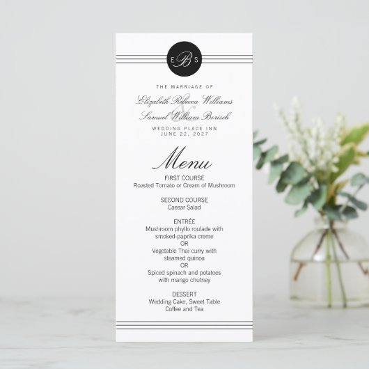 Menu de mariage élégant et chic Monogramme à point (Debout devant)