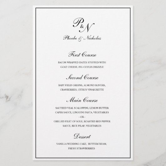 Menu de mariage élégant et classique noir et blanc (Devant)
