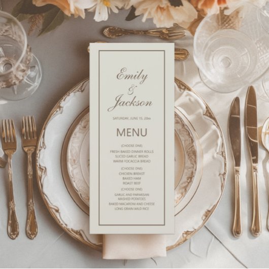 Menu de mariage élégant et moderne crème marron