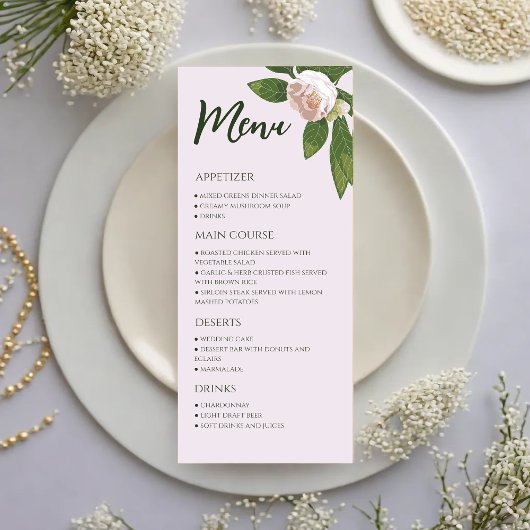 Menu de mariage élégant et simple avec des fleurs