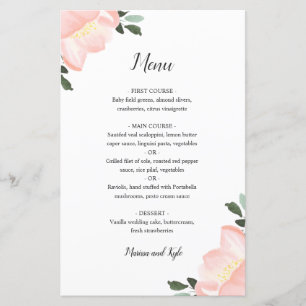 Menu de mariage élégant floral aquarelle rose